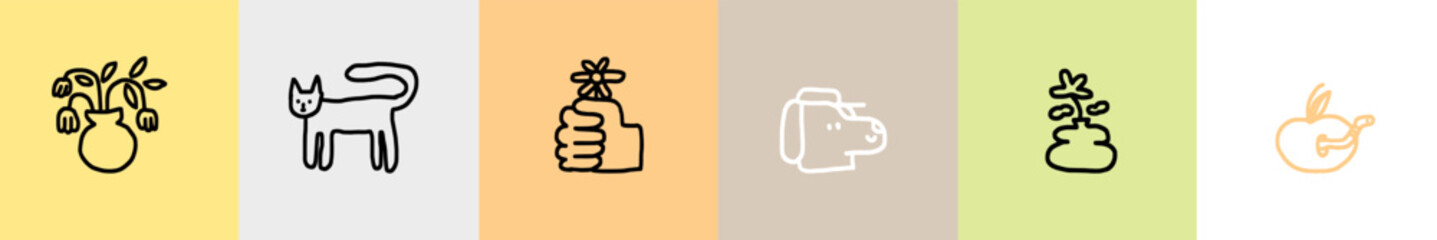 Various tattoo style elements. Cat, hand, flower, vase, apple, dog. Quirky naive shapes. Hand drawn doodles. Contemporary trendy Vector illustration. Set of infantile icons. All elements are isolated