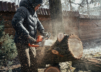 Woodcutter saws big tree with chainsaw. Sawdust flies from chainsaw.
