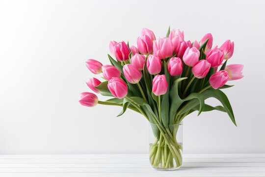Large Bouquet Of Pink Tulips On White Background. Generative AI