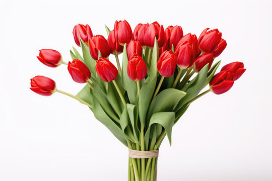 Large Bouquet Of Red Tulips On White Background. Generative AI