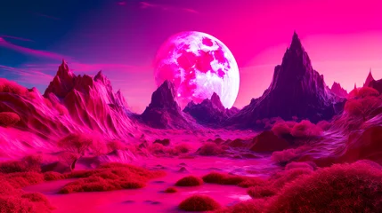 Fotobehang Pink and purple landscape with mountains and full moon in the background. Generative AI. © Констянтин Батыльчук