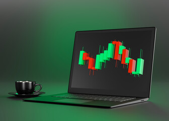 Trading chart and laptop. Trading PC, computer. Buy, sell on stockmarket. Stock trade data on graph with japanese sticks. Trader job, trade from home. Investment, finance and analysis. 3D render.