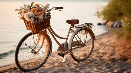 Fototapeta na wymiar Bicycle with a yellow flower basket next to the sea.