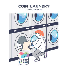 コインランドリーで洗濯する女性