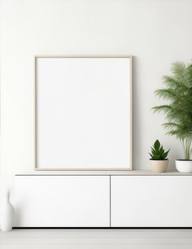 Blank canvas frame mockup on empty wall. Living room design clean and white.  Modern scandinavian style interior with artwork mock up on wall. Home staging and minimalism interior design mockup 