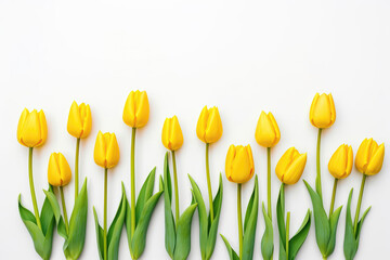 Yellow Tulips Lying At Distance From Each Other On White Background, Top View. Generative AI