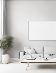Fototapeta na wymiar Blank canvas frame mockup on empty wall. Living room design clean and white. Modern scandinavian style interior with artwork mock up on wall. Home staging and minimalism interior design mockup 