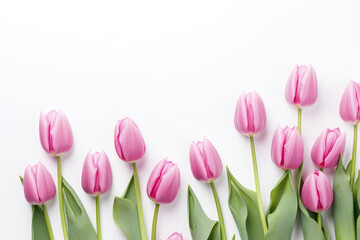 Pink Tulips Lying At Distance From Each Other On White Background, Top View. Generative AI