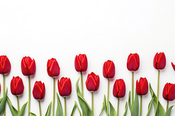 Red Tulips Lying At Distance From Each Other On White Background, Top View. Generative AI