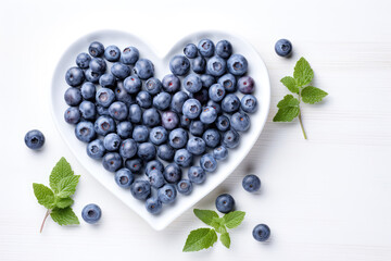 White Heart Shaped Plate With Blueberries On White Background. Generative AI