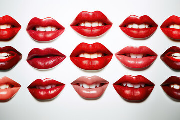 Womans Mouths With Red Lips Smiling On White Background. Generative AI