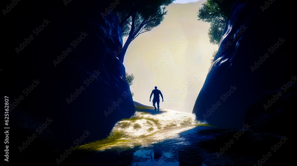 Poster man standing in the middle of forest next to tall door. generative ai.
