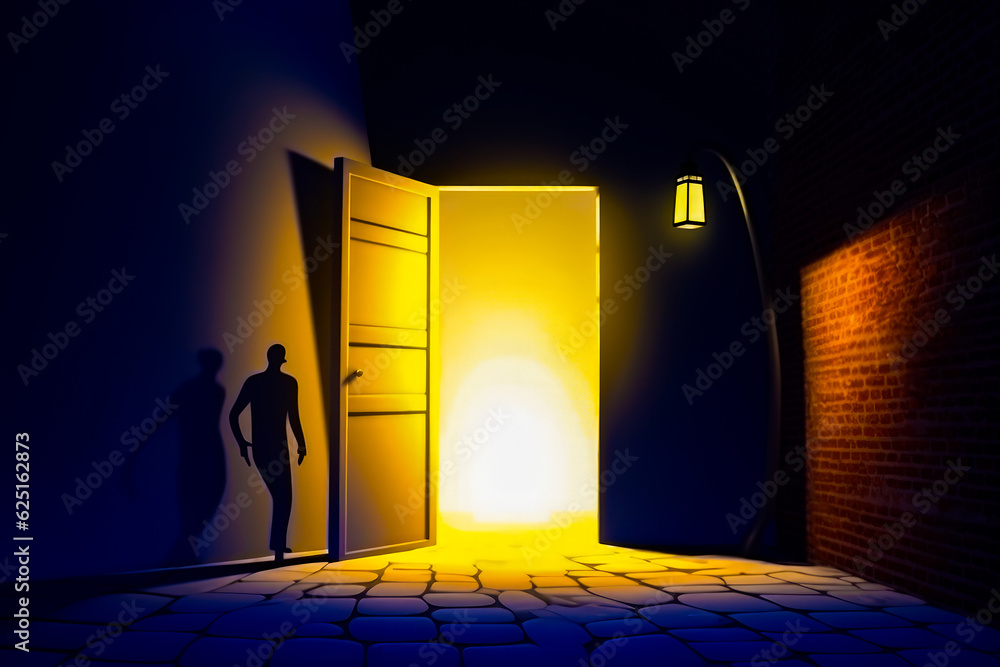 Poster man standing in front of open door with bright light coming in. generative ai.