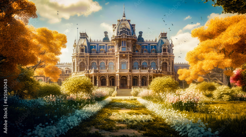 Aufkleber painting of large building with garden in front of it and birds flying around. generative ai.