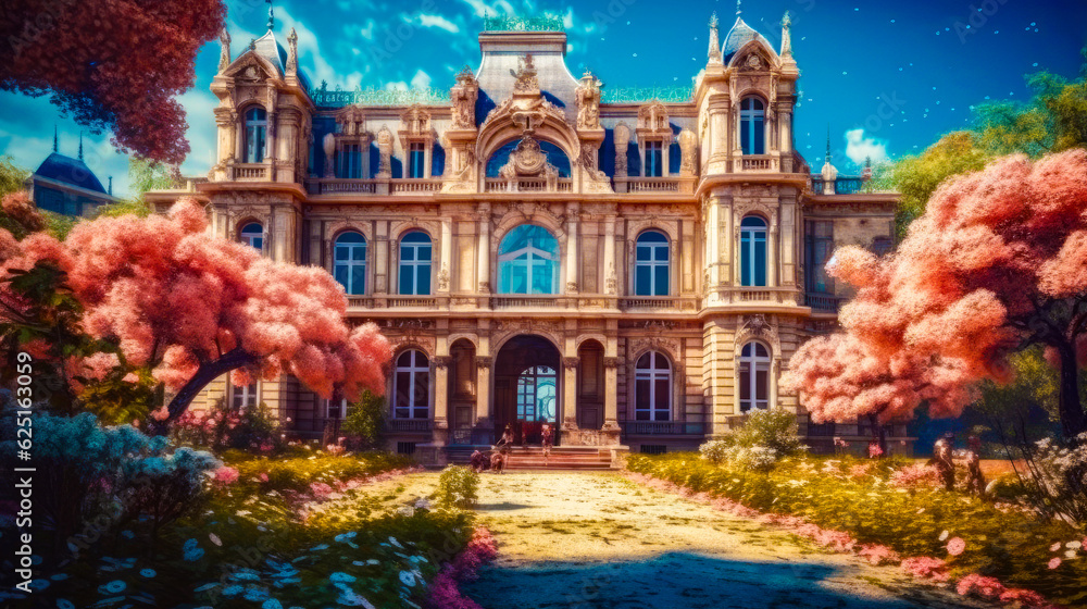 Poster large building with lot of windows and lot of flowers in front of it. generative ai.