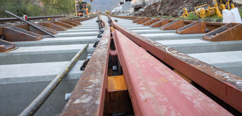 railway construction site of track junction close up