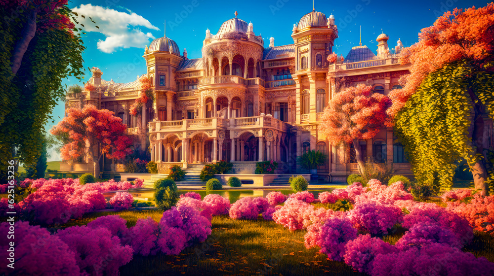 Poster large building with lot of trees and flowers in front of it. generative ai.