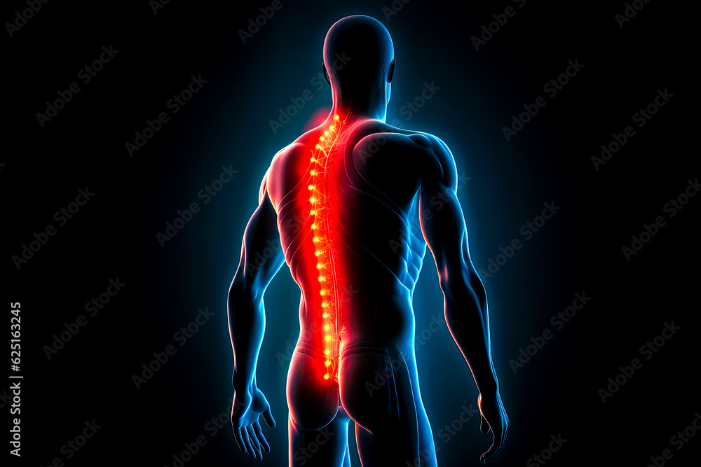 Aufkleber man with back pain that is highlighted in the lower part of his body. generative ai.