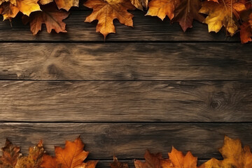 Naklejka na ściany i meble Empty Space Of Wooden Surface With Autumn Leaves, Top View. Autumn Frame. Generative AI