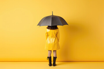 Girl In Rubber Rain Boots And With Umbrella On Yellow Background, Standing With Her Back. Generative AI