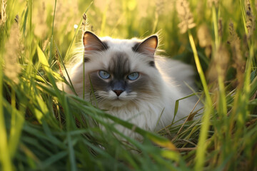 Ragdoll Cat Lies In The Beautiful Grass. Generative AI