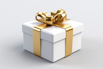 Fototapeta premium White Gift Box With Gold Ribbon On White Background, 3D. Generative AI