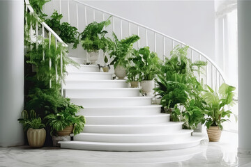 Staircase With Green Plants For Landscape Design On White Background. Generative AI