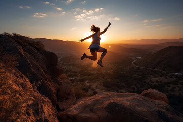 Woman Jumping High In Air At Sunset. Generative AI