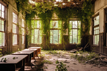 Dilapidated, Crumbling School With Shattered Windows And Overgrown Weeds. Generative AI