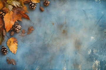 Blank Space Blue Grunge Surface With Autumn Leaves And Cones, Top View. Generative AI