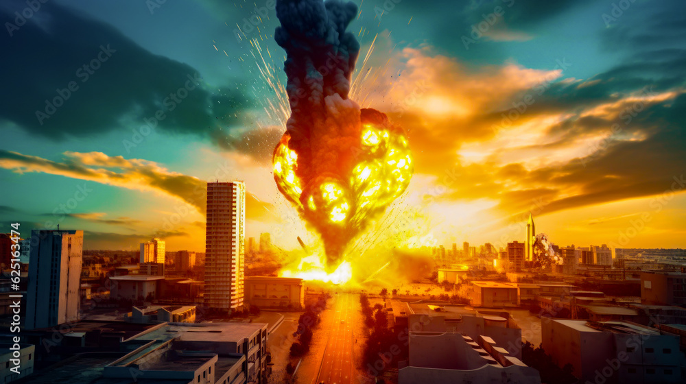 Poster very large explosion in the middle of city with buildings in the background. generative ai.