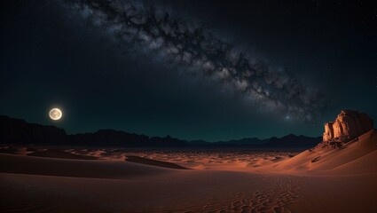 Landscape of the Sahara desert at night with full moon and stars