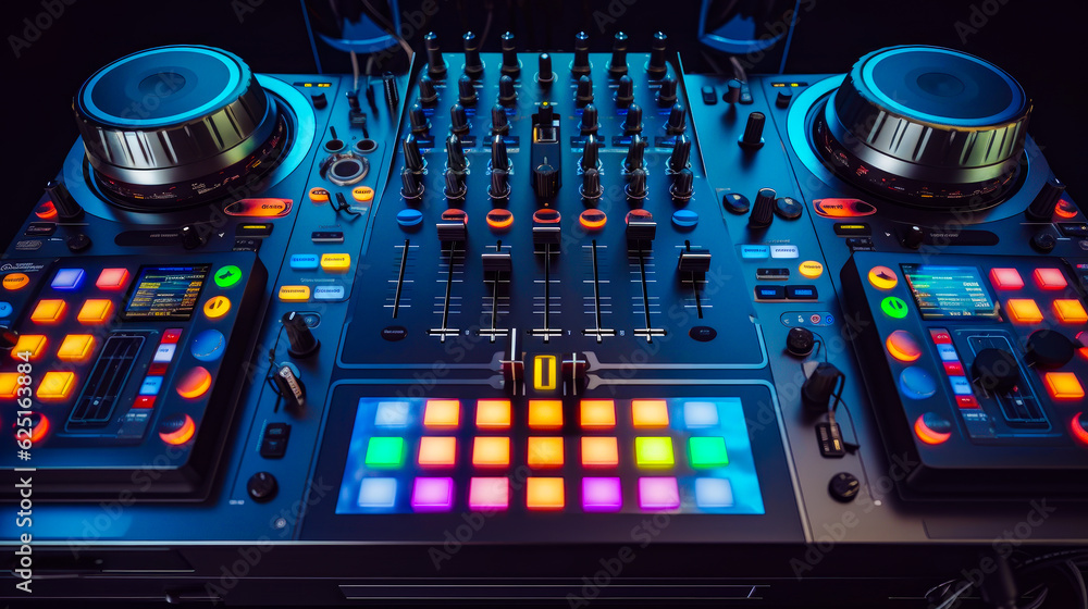 Aufkleber close up of dj's controller with lot of knobs. generative ai.