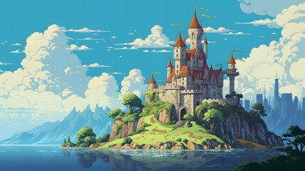 Landscape of a fantasy architecture style castle high up in the mountains. 8 Bits. Pixel art.