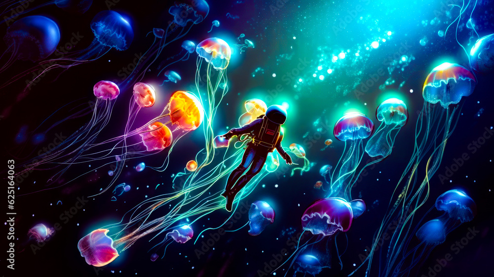 Poster man floating in the air surrounded by jellyfish in blue ocean. generative ai.