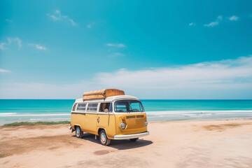 Summer holiday travel with cute old van. Generative AI 3