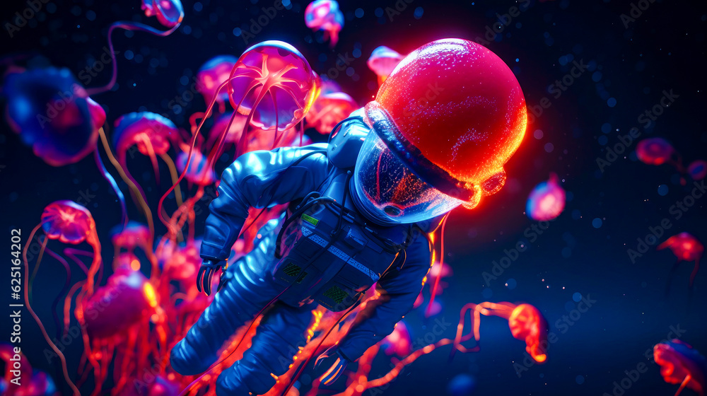 Poster man in space suit floating in the air with jellyfish around him. generative ai.