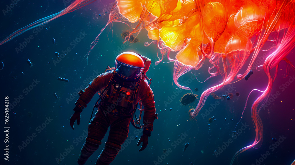 Poster man in space suit floating in the water with jelly fish in the background. generative ai.