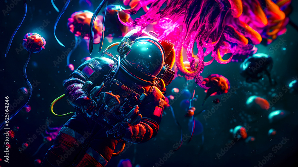 Poster man in space suit standing in front of jellyfish tank. generative ai.