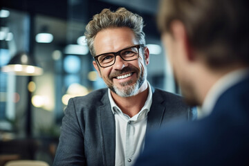 Fototapeta premium Business Charm: A captivating middle-aged businessman, beaming with a charming smile at the camera - Generative AI