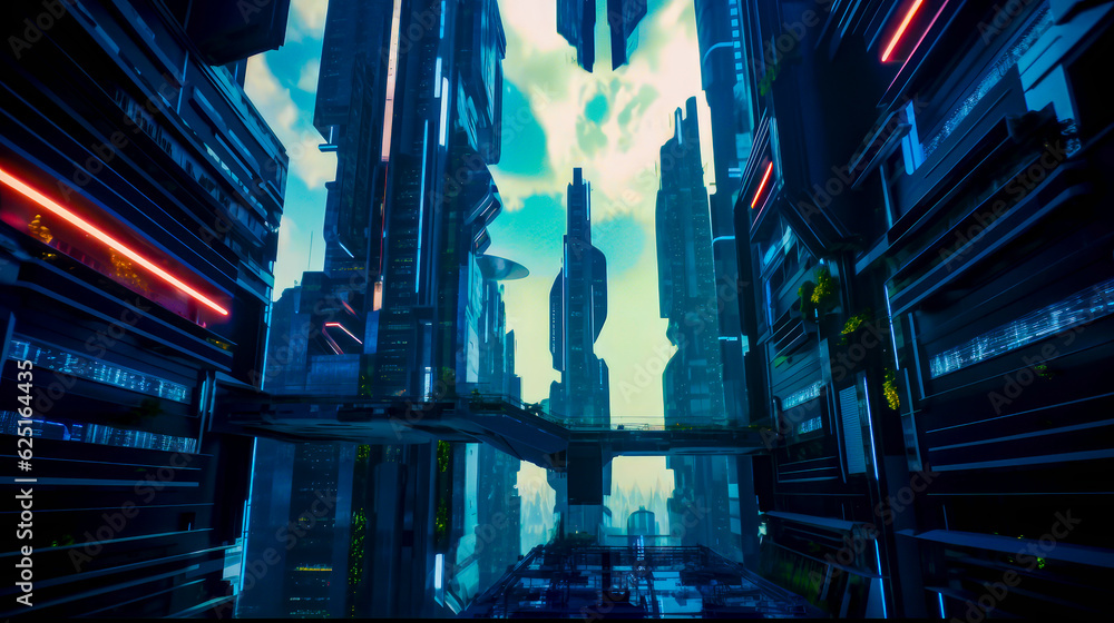 Poster futuristic cityscape with skyscrapers and bridge in the foreground. generative ai.