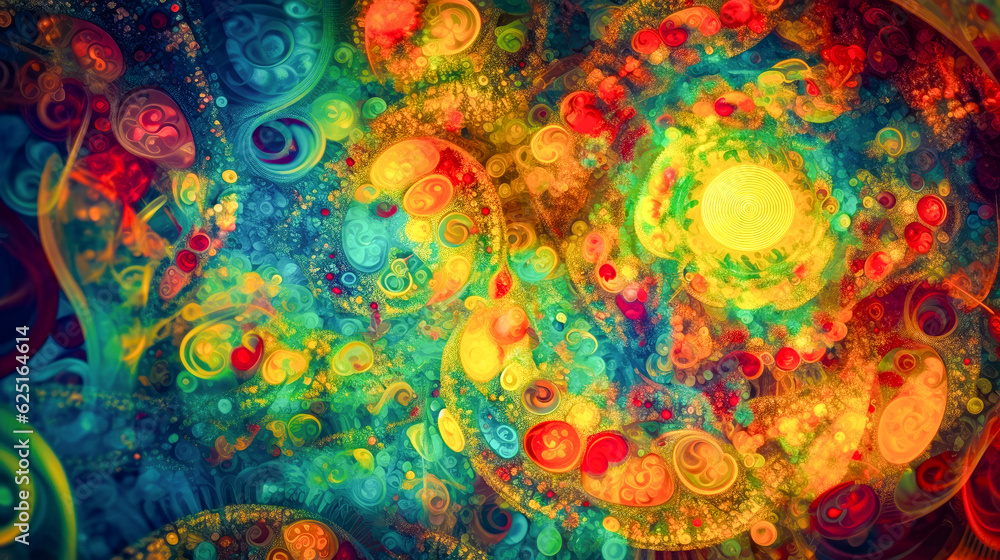 Poster colorful abstract painting with lots of circles and dots on the bottom of it. generative ai.