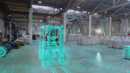 Workflow in a factory concept. Forklift drives through the warehouse. Visualization of modern technologies in the warehouse of the factory