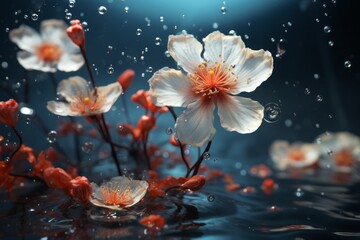 Close-up of beautiful white flowers in water with raindrops. Nature concept.