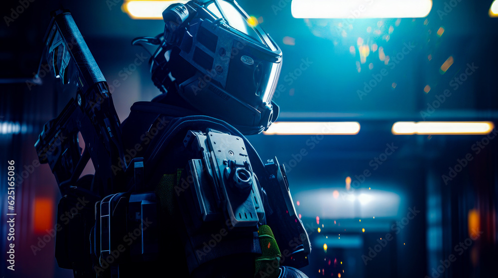 Poster close up of person wearing helmet and holding video game controller. generative ai.