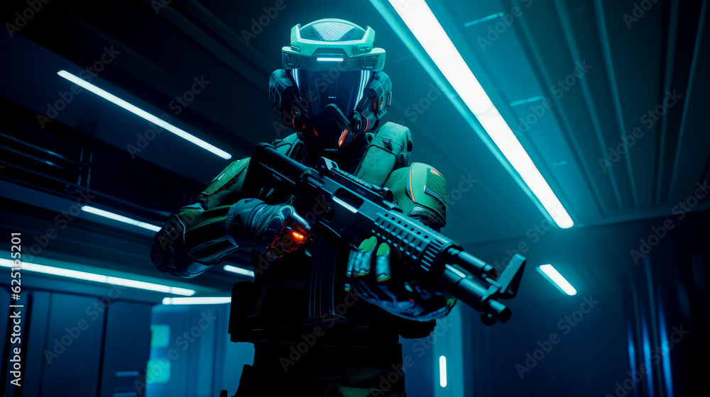 Poster man in futuristic suit with gun in his hand and helmet on. generative ai.
