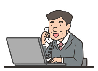 パソコンを使いながら電話対応する会社員の中年男性
