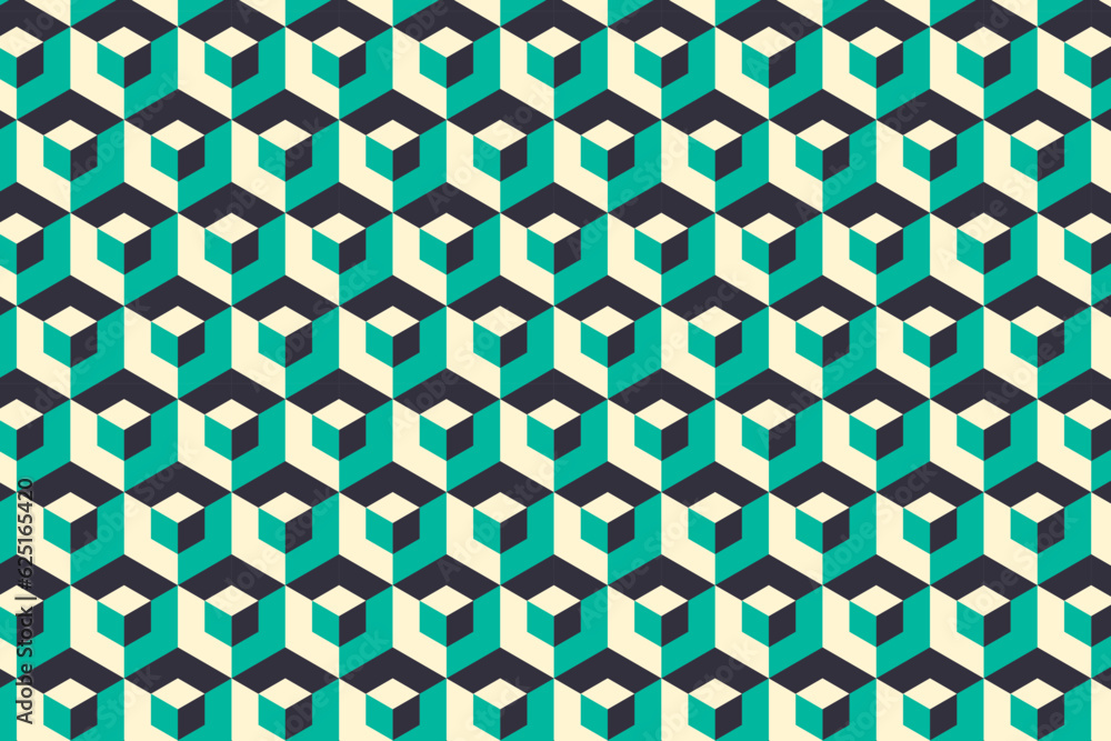 Poster 3d optical illusion hexagonal cube seamless pattern. isometric op art cubic blocks geometric backgro