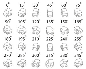 A set of 24 compact cars from different angles. Rotation of the car coupe in outline by 15 degrees for animation.  