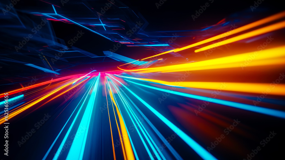Poster blurry image of car going through tunnel of light in the dark. generative ai.